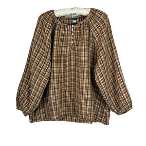 Old Navy Blouse Top Women's Size XL Brown Crinkled Gauze Popover Balloon Plaid